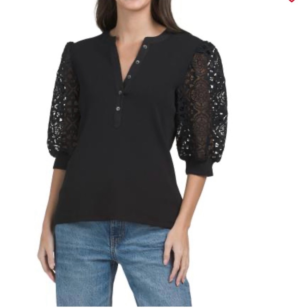 Elie Tahari Black Lace Puff-Sleeve Henley Top NWT